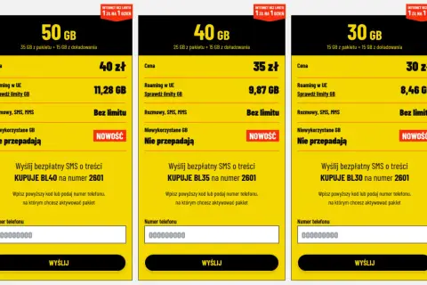 Porównanie ofert na kartę: 50 GB za 40 zł, 40 GB za 35 zł, 30 GB za 30 zł. Wszystkie z nielimitowanymi rozmowami i SMS.