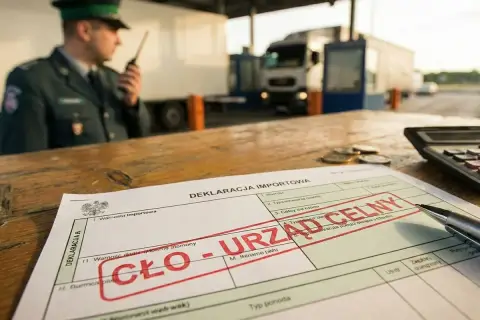 Na stole leży deklaracja importowa z pieczęcią "CŁO - URZĄD CELNY". W tle funkcjonariusz Straży Granicznej rozmawia przez radio przy ciężarówce.