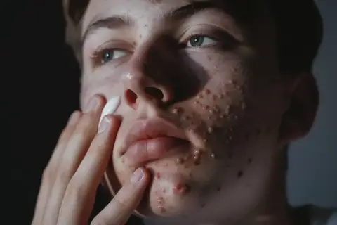 Młoda osoba z trądzikiem aplikuje biały krem, być może **Sudocrem na twarz**, aby złagodzić zmiany skórne.