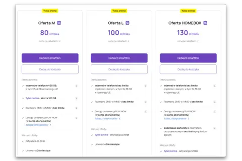 Porównanie ofert internetu we Francji: M (400 GB), L (bez limitu) i HOMEBOX (bez limitu) z opcją 5G.