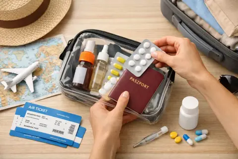 Przygotowanie do podróży: jak przewozić leki w samolocie. W kosmetyczce paszport, tabletki, spraye i termometr.
