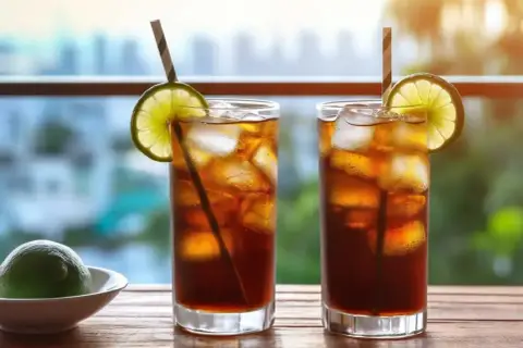 Dwa drinki Long Island Iced Tea z lodem, limonką i słomkami na drewnianym stole, z rozmytym tłem miasta.