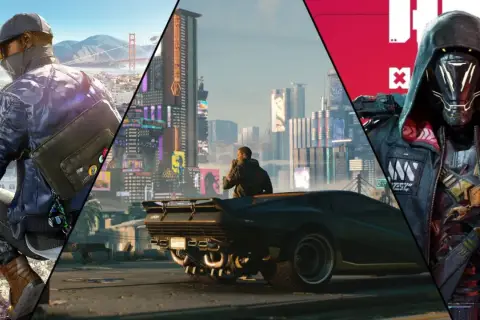 Kompilacja scen z gier podobnych do Cyberpunk: haker w mieście, futurystyczny samochód i postać w masce.