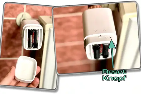 Batteriefach des eve thermo, daneben der Reset Knopf.
