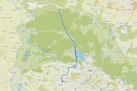 Mapa z zaznaczonymi trasami rowerowymi Rybnik i okolicami. Widoczne jeziora, lasy i drogi.