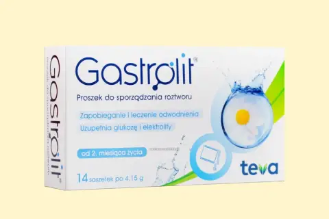 Opakowanie Gastrolit, proszek do sporządzania roztworu, zapobiega odwodnieniu, uzupełnia glukozę i elektrolity. 14 saszetek.