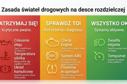 Grafika przedstawia trzy kolumny: czerwoną (zatrzymaj się), żółtą (sprawdź) i zieloną (wszystko ok) z ikonami i opisami kontrolek na desce rozdzielczej.