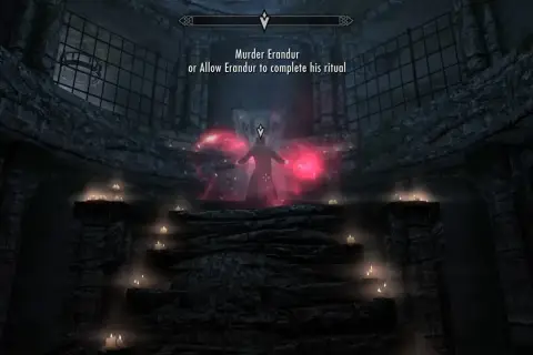Mroczny rytuał w Skyrim. Postać otoczona czerwonymi aurami, wybór: zabić Erandura czy pozwolić mu dokończyć, to prawdziwy koszmar na jawie.