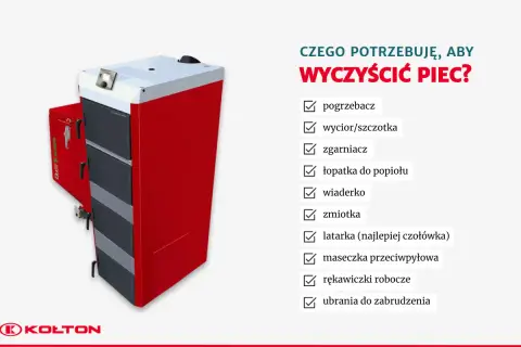 Czerwony piec na ekogroszek i lista rzeczy potrzebnych, by wyczyścić piec: pogrzebacz, szczotka, łopatka, wiaderko.