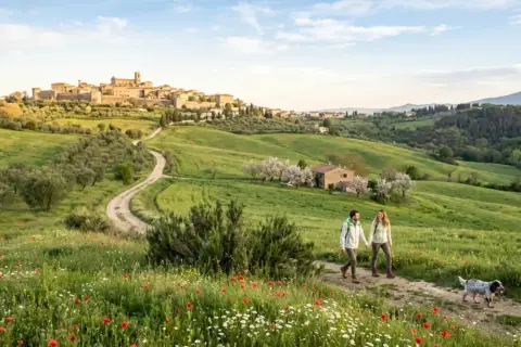 Coppia passeggia con cane tra fiori e ulivi, scoprendo gli **Arezzo geheimtipps** con borgo medievale sullo sfondo.