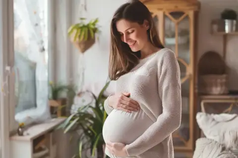 Uśmiechnięta ciężarna kobieta trzyma dłonie na brzuchu. Dba o zdrowie dziecka, przyjmując kwas foliowy metylowany.