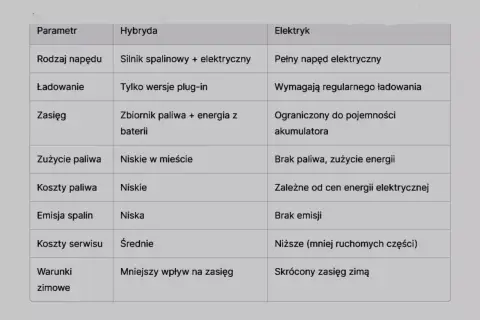 Tabela porównująca samochód hybrydowy i elektryczny: napęd, ładowanie, zasięg, zużycie paliwa, koszty, emisje, serwis i warunki zimowe.