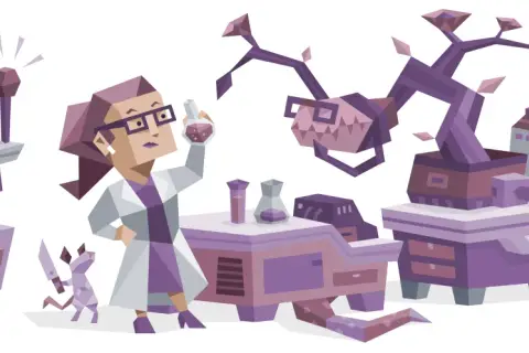 INTP w laboratorium tworzy dziwne mikstury. Obok niej robot i mały smok.