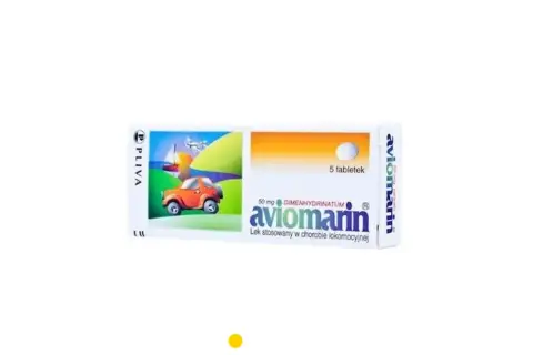 Opakowanie leku aviomarin z rysunkiem pomarańczowego autka, żaglowca i samolotu. 5 tabletek.