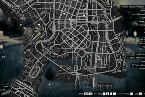 Mapa Los Santos, z zaznaczoną ulicą Grove Street. Widać ikony sklepów, garaży i innych miejsc.