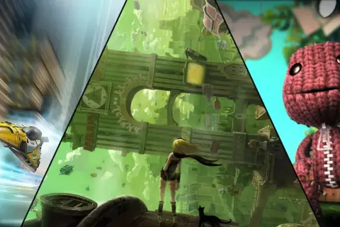 Kolaż z grafikami z gier: szybki pojazd, dziewczyna w zielonym mieście i Sackboy. To zapowiedź najlepszych gier PSP!