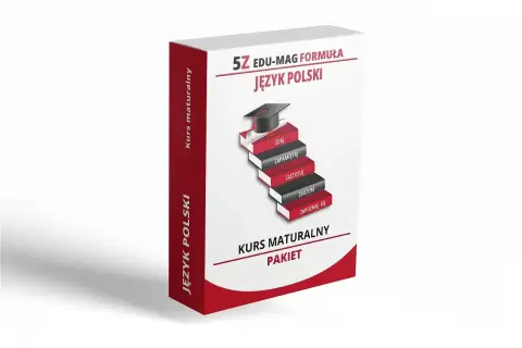 Pudełko z kursem "Język Polski" na egzamin dojrzałości. Schody z książek symbolizują drogę do sukcesu.
