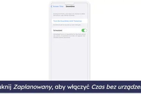 Kontrola rodzicielska iPhone: włącz "Zaplanowany" Czas bez urządzenia, aby ustawić przerwy od telefonu.