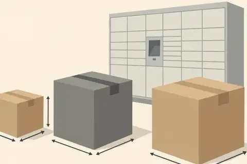 Trzy paczki o różnych rozmiarach przed automatem paczkowym. Uważaj na przekroczenie gabarytu InPost, aby uniknąć problemów z nadaniem.