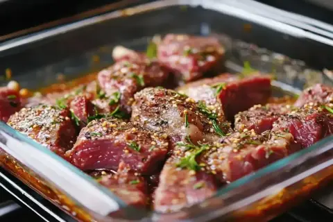 Kawałki wołowiny w szklanym naczyniu, gotowe do pieczenia. Aromatyczna marynata do wołowiny z ziołami i przyprawami kusi zapachem.