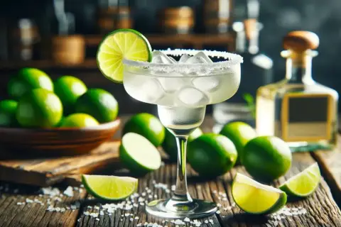Idealny margarita przepis: orzeźwiający drink z lodem, solą i limonką, obok butelka tequili i miska świeżych limonek.