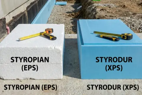 Biały styropian (EPS) i niebieski styrodur (XPS) – dwa materiały izolacyjne. Zastanawiasz się, styrodur co to jest? To płyta XPS, twardsza i gęstsza od styropianu.