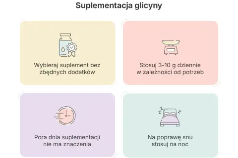 Glicyna co to? Porady dotyczące suplementacji: wybieraj czysty produkt, stosuj 3-10g dziennie, pora dnia nie ma znaczenia, na sen stosuj na noc.