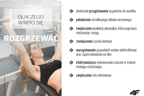 Kobieta ćwiczy na ławce skośnej. Tekst informuje, dlaczego warto się rozgrzewać, wymieniając korzyści, np. przygotowanie organizmu do wysiłku.