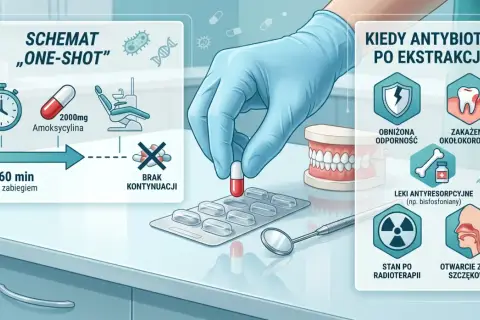 Schemat "one-shot" antybiotyk na zęba: amoksycylina 2000mg 30-60 min przed zabiegiem. Kiedy antybiotyk po ekstrakcji?