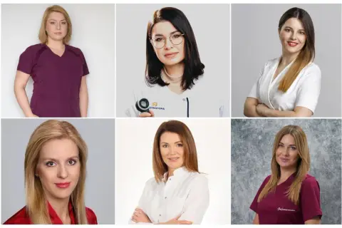 Sześć portretów lekarek w strojach medycznych, prawdopodobnie dermatologów.