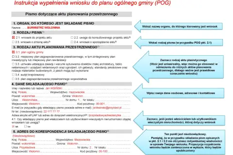 Formularz wniosku o zmianę planu zagospodarowania przestrzennego, wypełniony przez Jana Iksińskiego, adresowany do Burmistrza Wołomina.