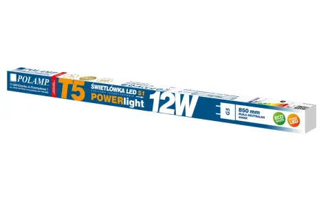 Opakowanie świetlówki LED Polamp T5 o mocy 12W, długości 850 mm, barwie białej neutralnej 4000K.