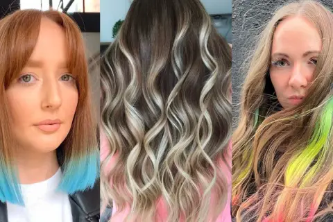 Tres estilos de cabello: mechas rubias con ondas, cabello castaño con puntas azules y mechas de colores vibrantes sobre cabello rubio.
