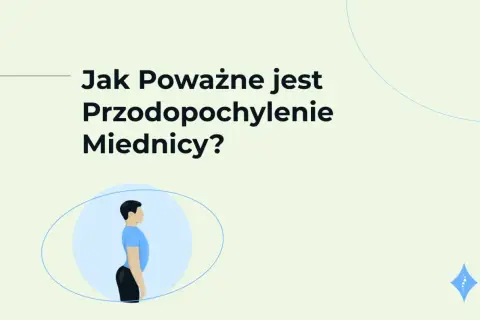 Ilustracja przedstawia sylwetkę mężczyzny z widocznym przodopochyleniem miednicy. Tekst pyta: "Jak Poważne jest Przodopochylenie Miednicy?".