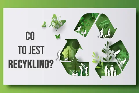 Co to jest recykling? Zielony symbol recyklingu z wyciętymi sylwetkami ludzi i natury, symbolizujący troskę o środowisko.
