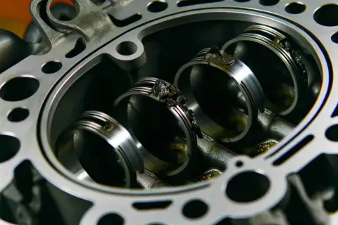 Nahaufnahme eines Motors mit sichtbaren Kolbenringen. Ablagerungen deuten auf defekte Kolbenringe Symptome hin.