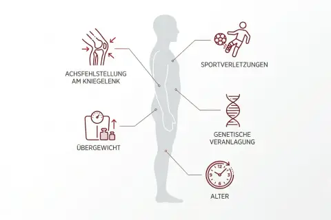 Grafik zeigt Faktoren wie Achsfehlstellung, Übergewicht, Sportverletzungen, genetische Veranlagung und Alter, die die Lebenserwartung bei Arthrose beeinflussen.