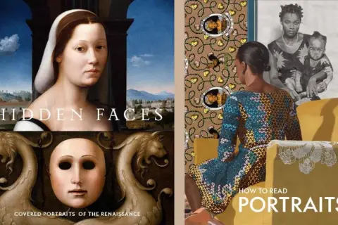 Collage of book covers: "Hidden Faces" features Renaissance portraits. "How to Read Portraits" shows a modern woman and a family portrait.