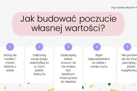Jak budować poczucie własnej wartości? 5 kroków: myśl o sobie dobrze, odkrywaj pasje, akceptuj błędy, bądź odpowiedzialny, nie porównuj się.
