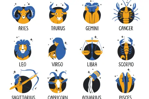 Zodiakalne ryby (Pisces) i inne znaki zodiaku w formie ilustracji.