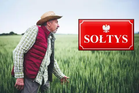 Sołtys w słomkowym kapeluszu i kamizelce przemierza pole zboża, obok tabliczka z godłem Polski i napisem "SOŁTYS".