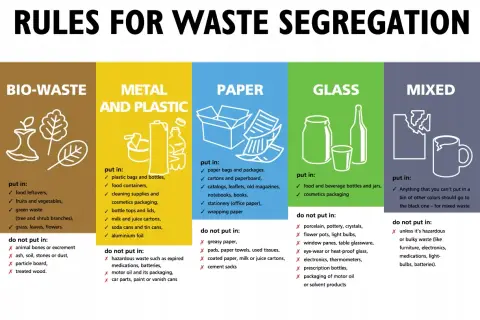 Zasady segregacji śmieci po angielsku: bio, metal/plastik, papier, szkło i zmieszane.
