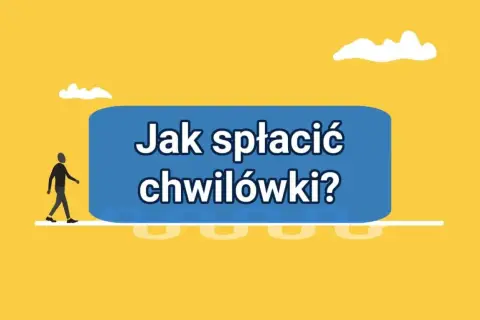 Człowiek idzie w stronę niebieskiego prostokąta z napisem "Jak spłacić chwilówki?".