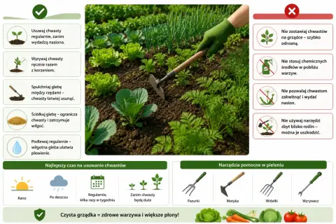 Ręczne usuwanie chwastów z grządki, aby zapewnić zdrowe warzywa. Unikaj chemii, pielęgnuj glebę.