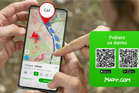 Smartfon z mapą turystyczną Polski, pokazującą szlak na Babiej Górze. Obok zielony panel z kodami QR do pobrania aplikacji MAPY.COM.