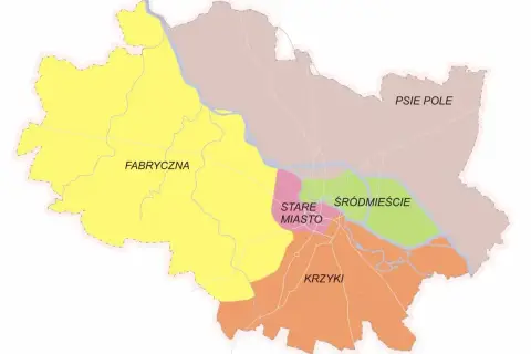 Mapa przedstawiająca dzielnice Łodzi: Fabryczna, Stare Miasto, Śródmieście, Krzyki i Psie Pole.