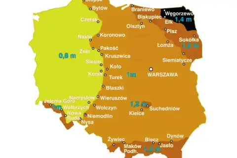 Mapa Polski z zaznaczonymi strefami przemarzania gruntu. Wartości od 0,8 m do 1,4 m.