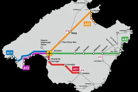 Mapa transportu na Majorce. Linie A11, A12, A32, A51, A42 łączą główne miasta i lotnisko.