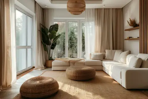 Jasny salon w stylu scandi boho z wygodną, kremową kanapą, plecionymi pufami i dużą rośliną.