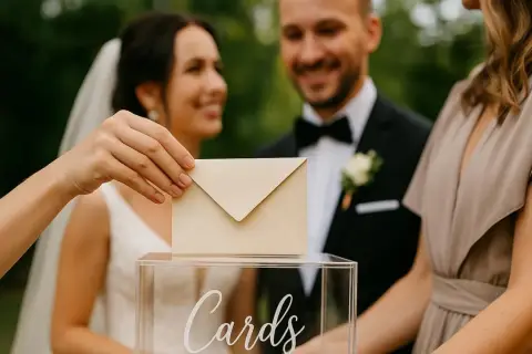 Dłoń wkłada kopertę do pudełka z napisem "Cards". Młoda para w tle uśmiecha się. Zastanawiasz się, nie idę na wesele ile dać do koperty?